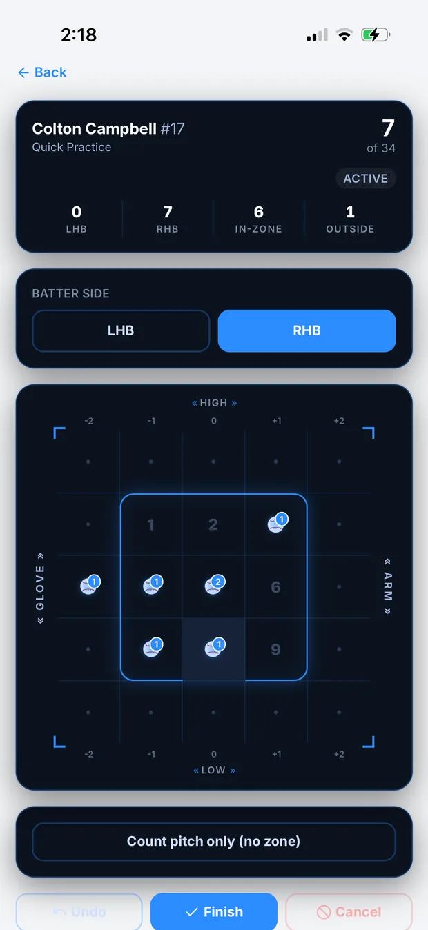 The Bullpen live pitch entry screen with a strike-zone grid, batter side toggle, and running pitch count.